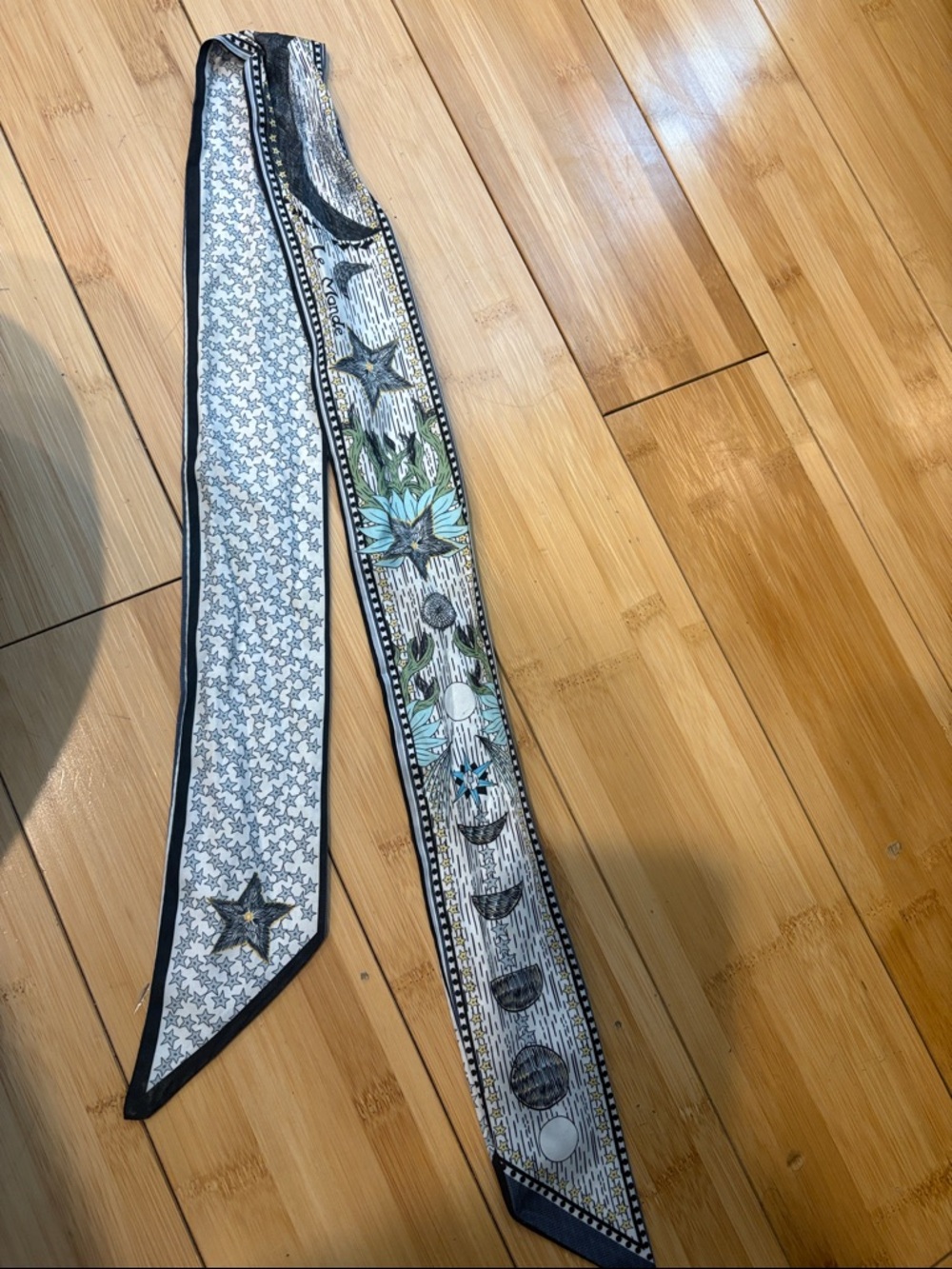 Twilly Celestial Pattern Skinny Scarf - Black, White & Teal